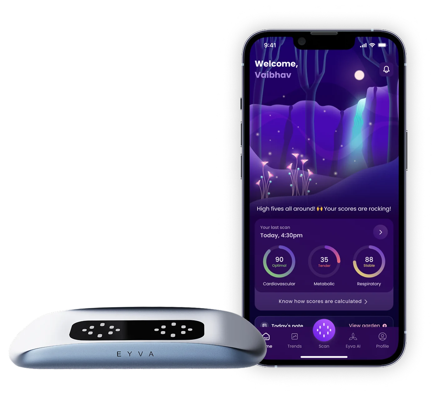Eyva glucometer device beside the Eyva app home screen